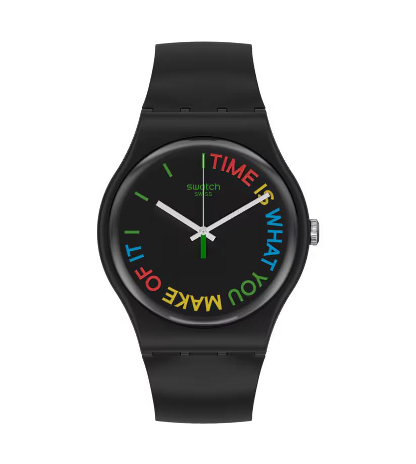 Swatch SO29B103 watch for man with a black dial and plastic strap.