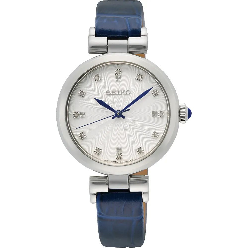 Seiko SRZ545P1 watch for women with a grey dial and leather strap.