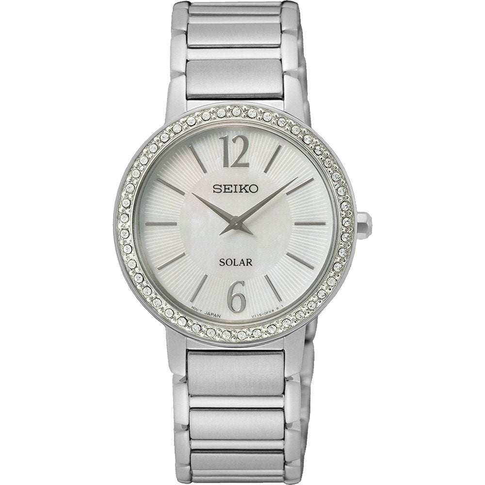 Seiko SUP467P1 watch for women with a beige dial and stainless steel strap.