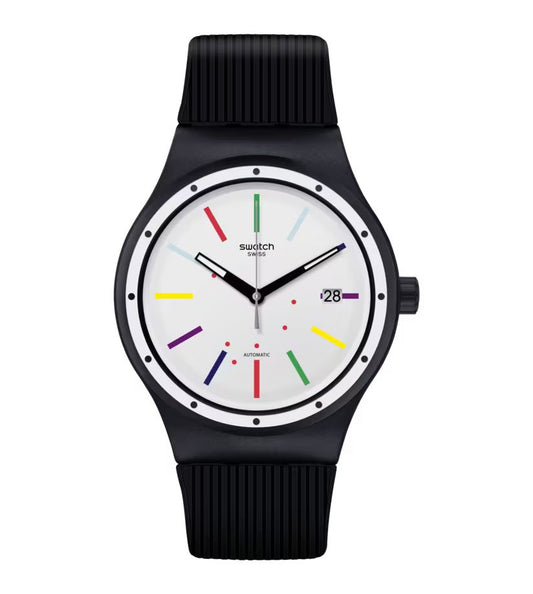 Swatch SUTB408 watch for unisex with a white dial and plastic strap.