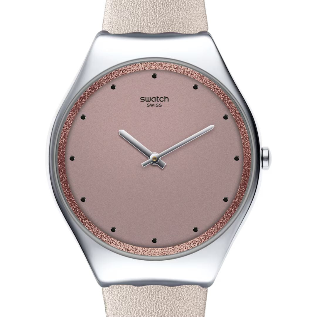 Swatch SYXS128 watch for woman with a brown dial and stainless steel strap.