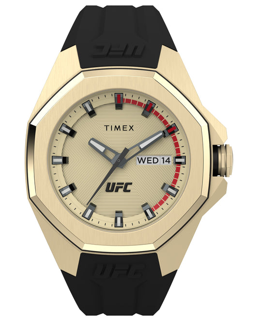 Timex TW2V57100 watch for man with a golden dial and silicone strap.
