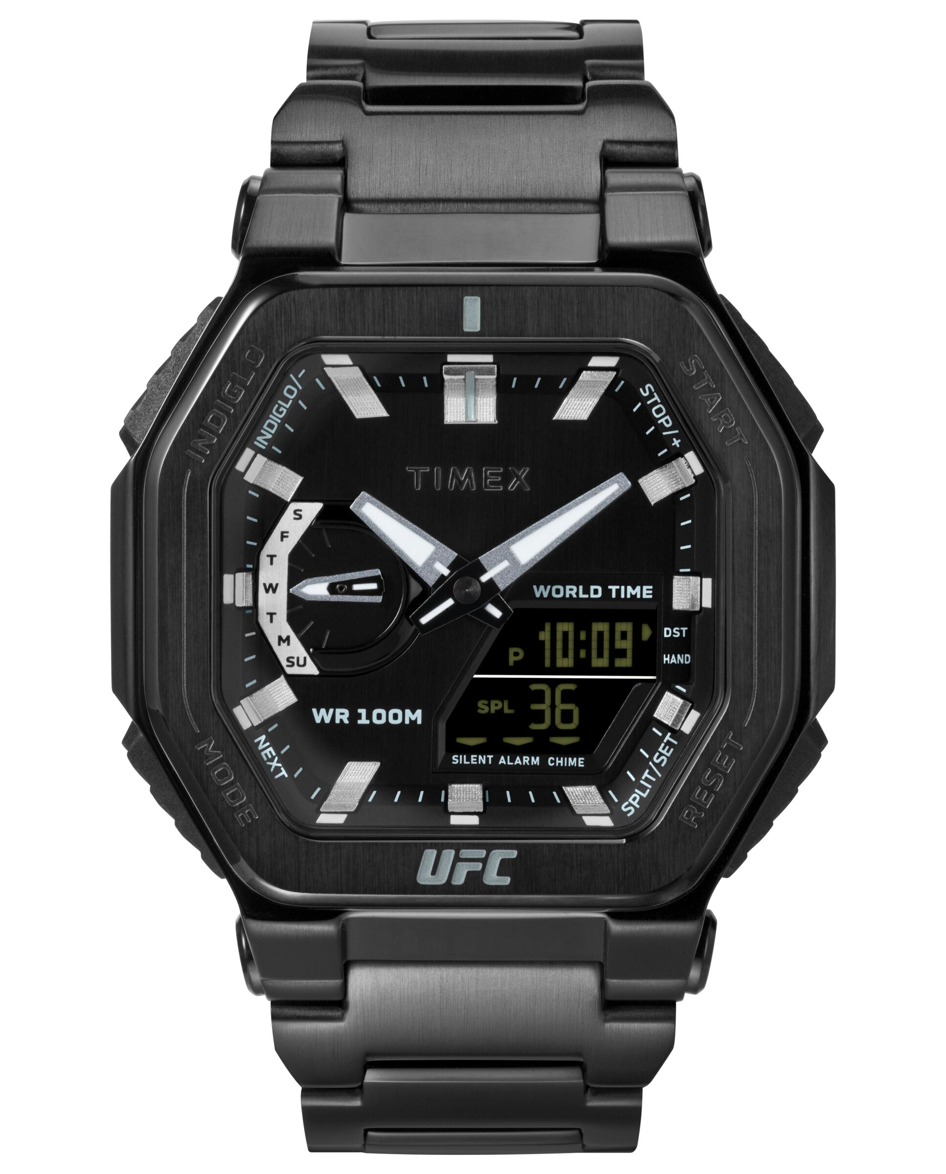 Timex TW2V84800 watch for man with a black dial and stainless steel strap.