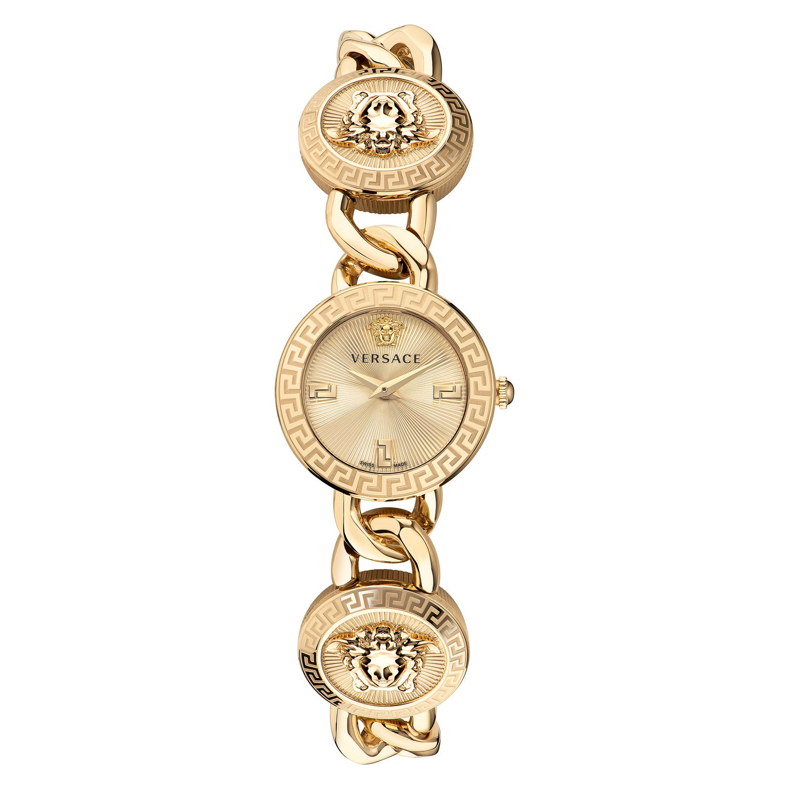 Versace VE3C00222 watch for women with a golden dial and stainless steel strap.