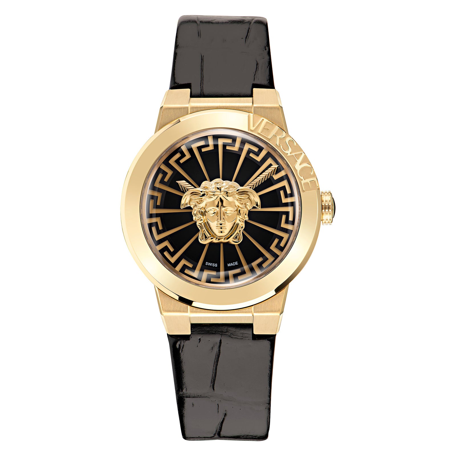 Versace VE3F00222 watch for women with a black dial and leather strap.