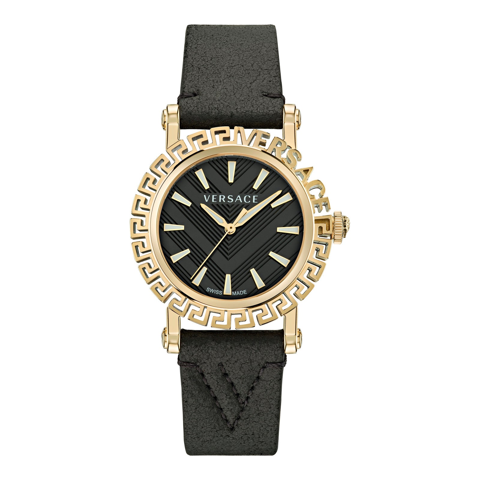 Versace VE6D00223 watch for women with a black dial and fur strap.