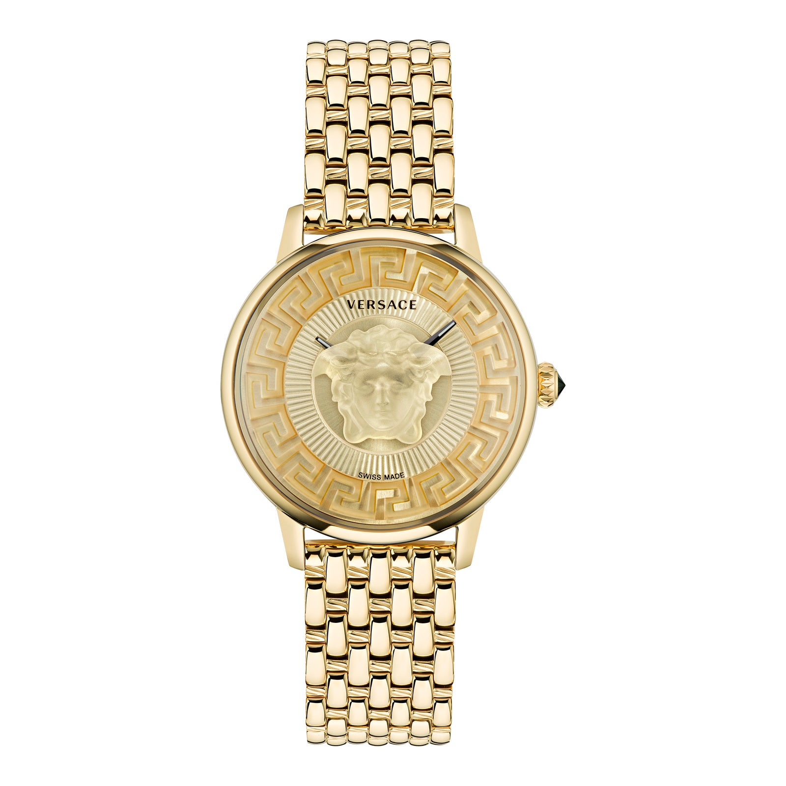 Versace VE6F00623 watch for unisex with a golden dial and stainless steel strap.