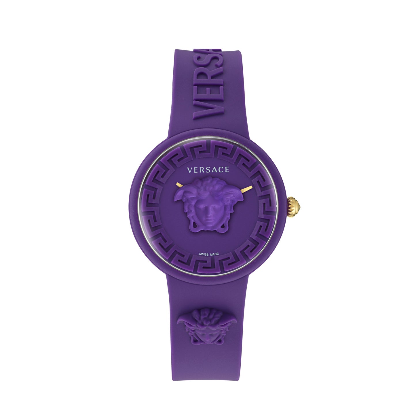 Versace VE6G00823 watch for women with a purple dial and silicone strap.