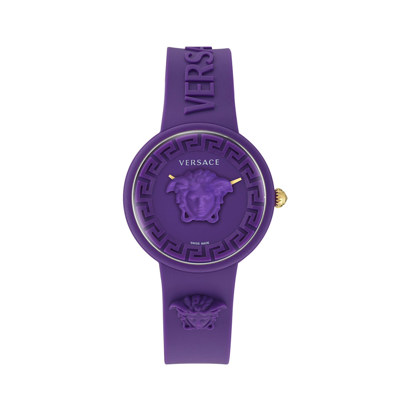 Versace VE6G00823 watch for women with a purple dial and silicone strap.