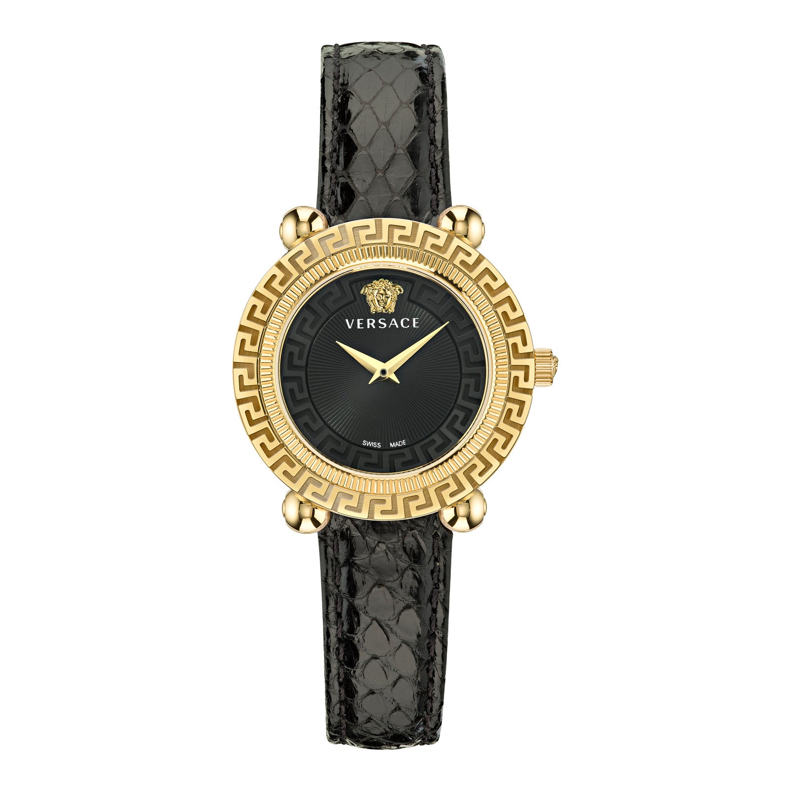Versace VE6I00323 watch for women with a black dial and fur strap.