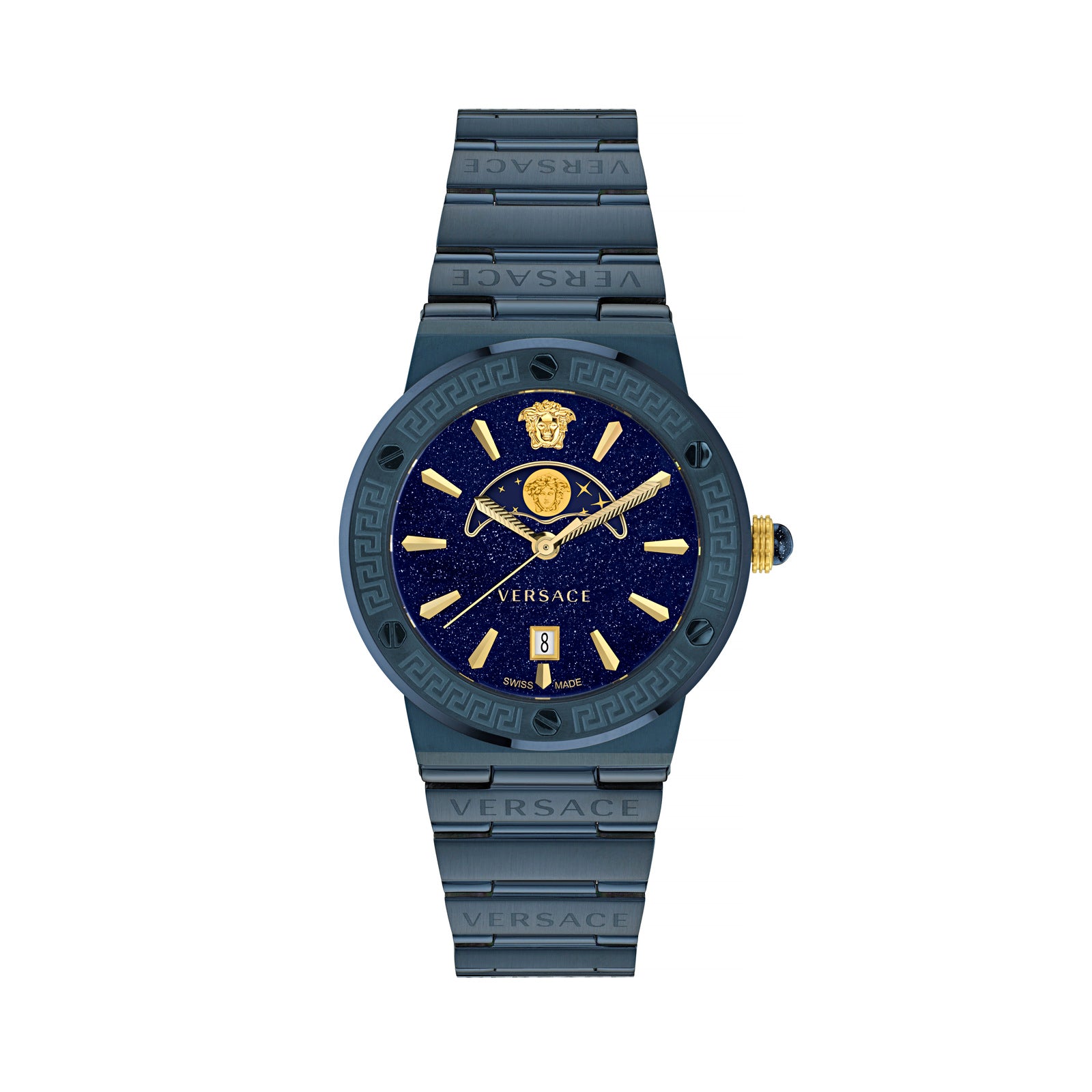 Versace VE7G00423 watch for man with a blue dial and stainless steel strap.